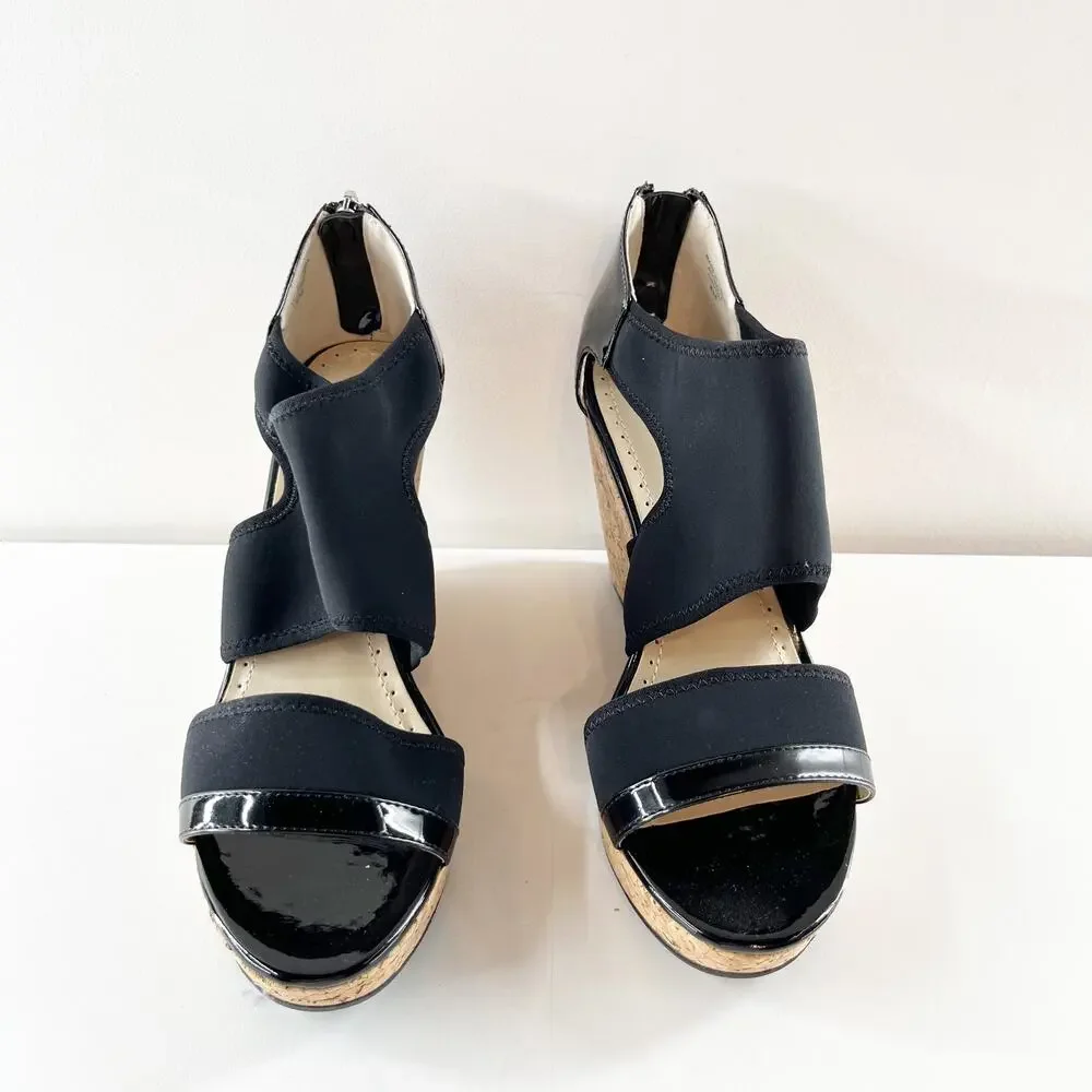 Adrienne Vittadini Chelle Patent Cork Wedge Heel Sandals Black 8